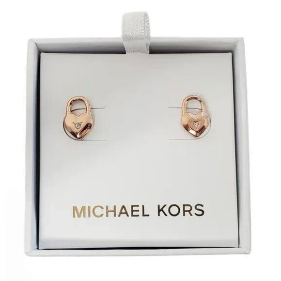 MICHAEL KORS Rose Gold Heart Lock Padlock Pave Stud Earrings NWT - Picture 2 of 6